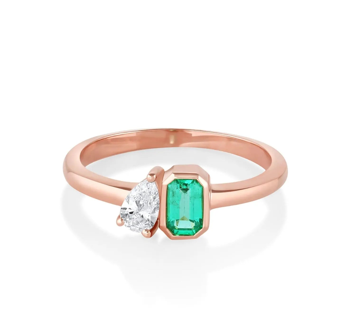 Marrow Fine Jewelry Minuette Collection Clementine Emerald and White Diamond Toi et Moi Engagement Ring [Rose Gold]