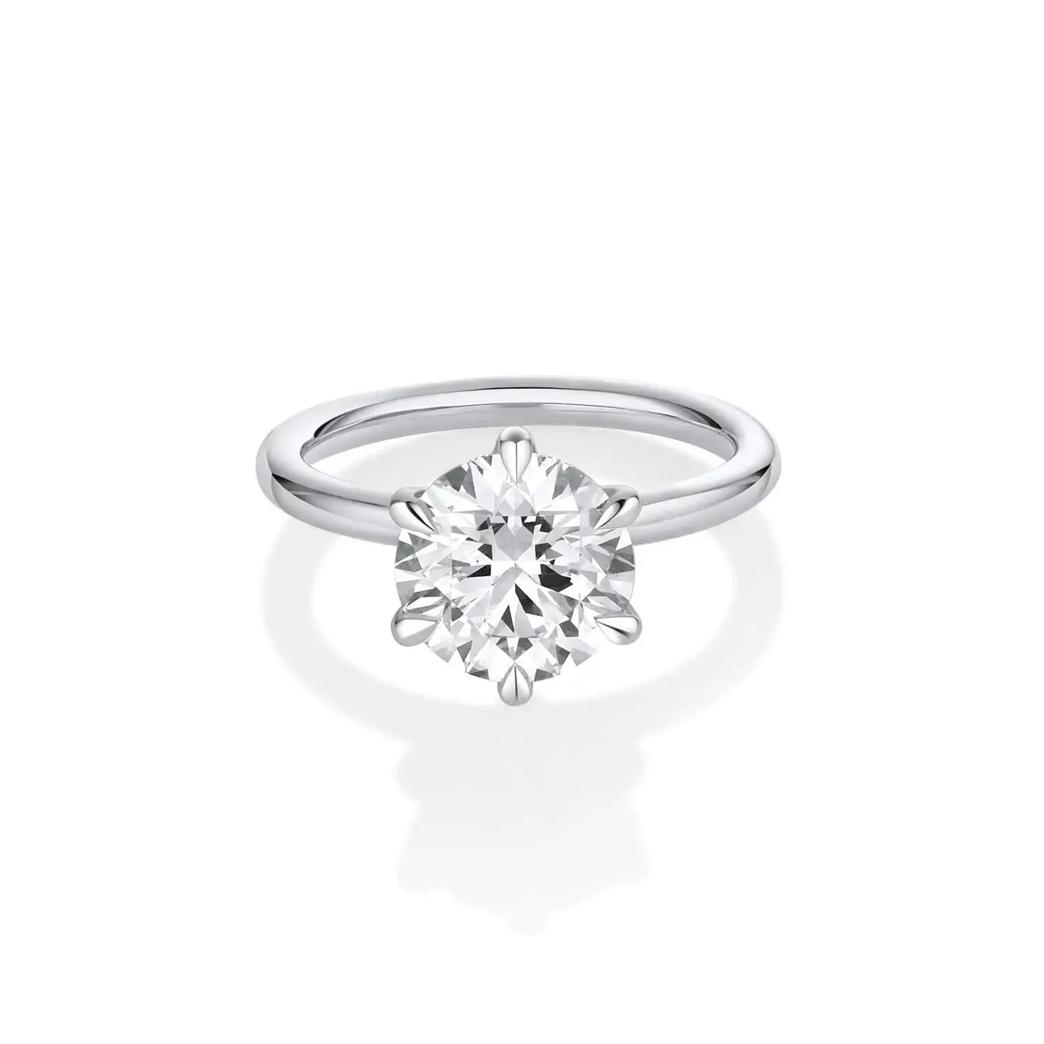The Camille Round Brilliant Solitaire Engagement Ring – six-prong round diamond in white gold or platinum, by Marrow Fine
