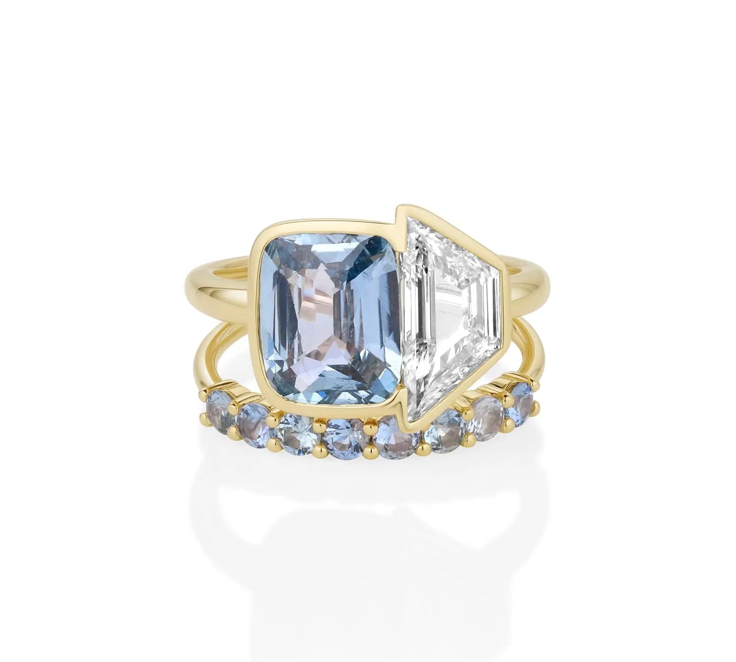 3.08ct Sapphire & 1.55ct Diamond Trapezoid Ring with 0.57tcw Sapphire Tracer Band [front flatlay]