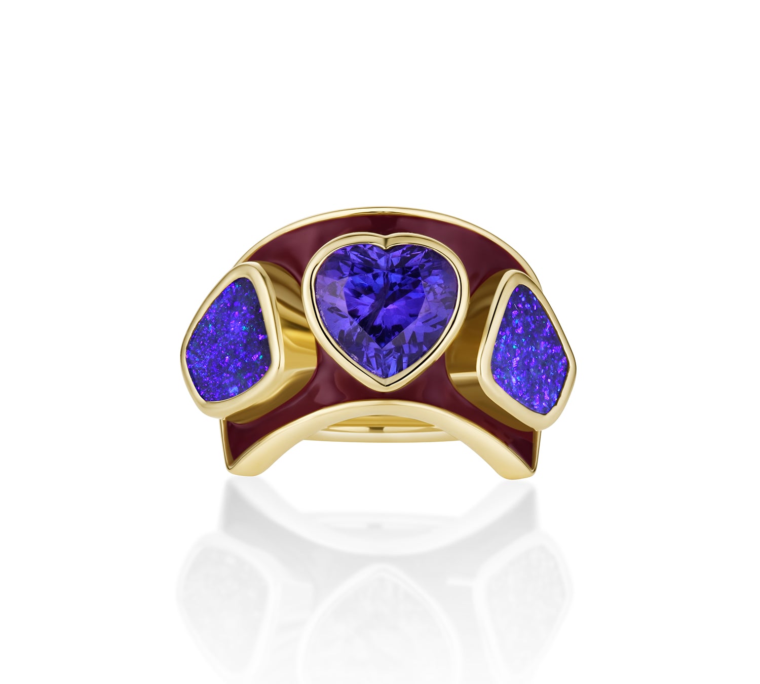 3.26ct Tanzanite Heart and 3.66tcw Boulder Opal Ring: a violet tanzanite heart between two freeform boulder opals on a domed berry enamel band in 14k yellow gold