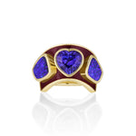 3.26ct Tanzanite Heart and 3.66tcw Boulder Opal Ring: a violet tanzanite heart between two freeform boulder opals on a domed berry enamel band in 14k yellow gold
