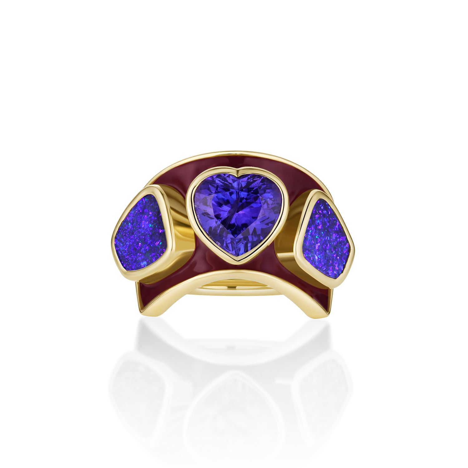 3.26ct Tanzanite Heart and 3.66tcw Boulder Opal Ring: a violet tanzanite heart between two freeform boulder opals on a domed berry enamel band in 14k yellow gold