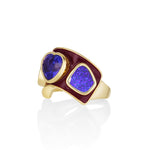 Another view of the 3.26ct Tanzanite Heart and 3.66tcw Boulder Opal Ring with its berry enamel band in 14k yellow gold