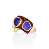 Another view of the 3.26ct Tanzanite Heart and 3.66tcw Boulder Opal Ring with its berry enamel band in 14k yellow gold