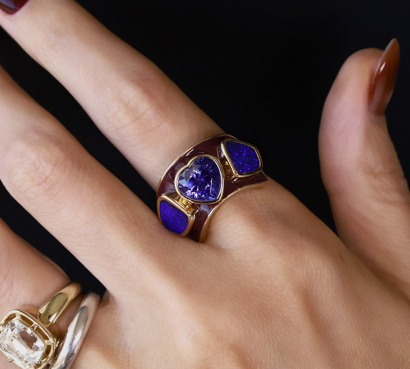 Tanzanite heart and boulder opal ring with berry enamel, one-of-a-kind in 14k yellow gold