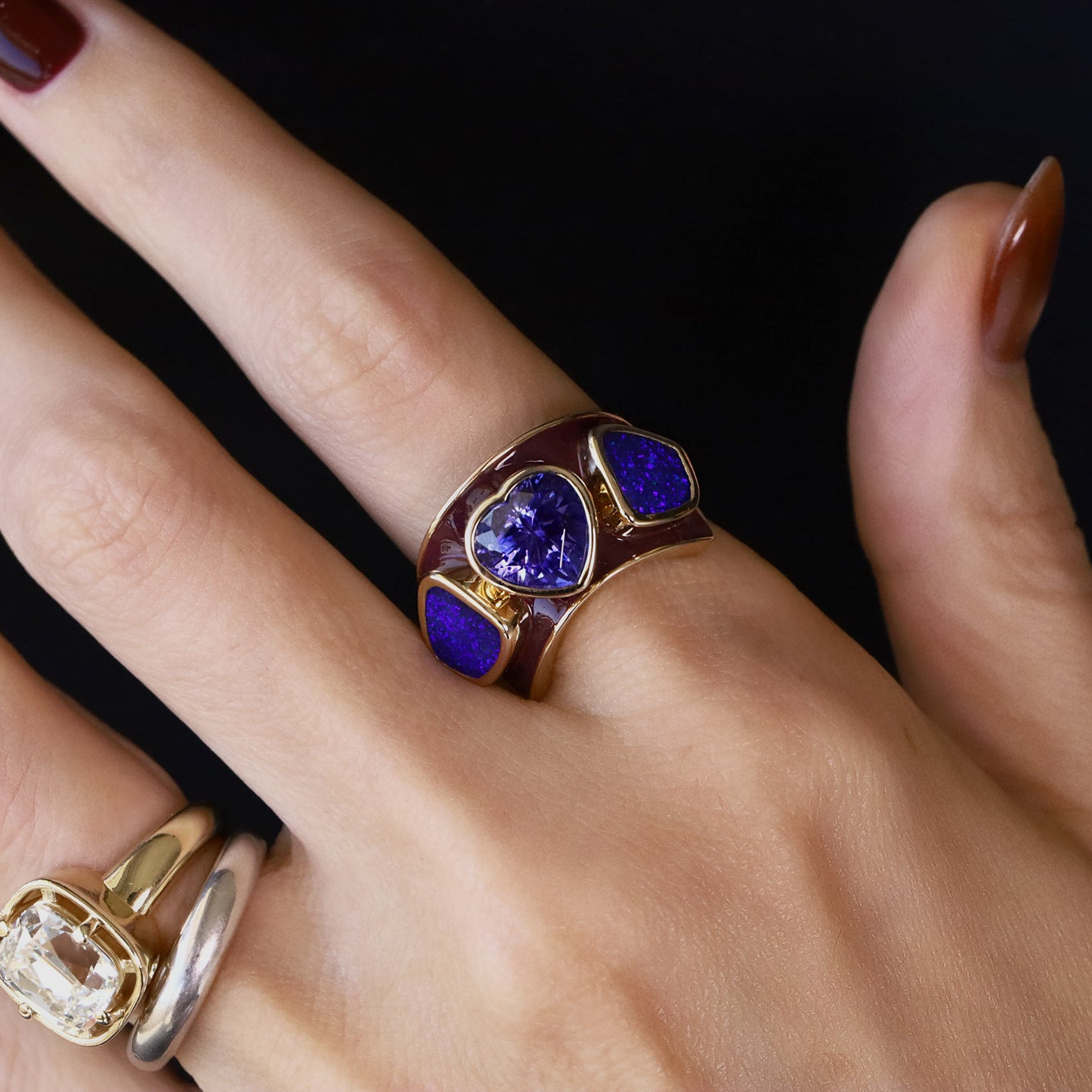 Tanzanite heart and boulder opal ring with berry enamel, one-of-a-kind in 14k yellow gold