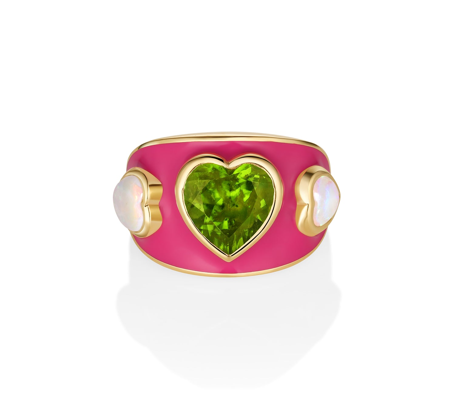 3.81ct Peridot Heart and 0.91tcw Opal Heart Ring: a green peridot heart between two opal hearts on a domed hot pink enamel band in 14k yellow gold