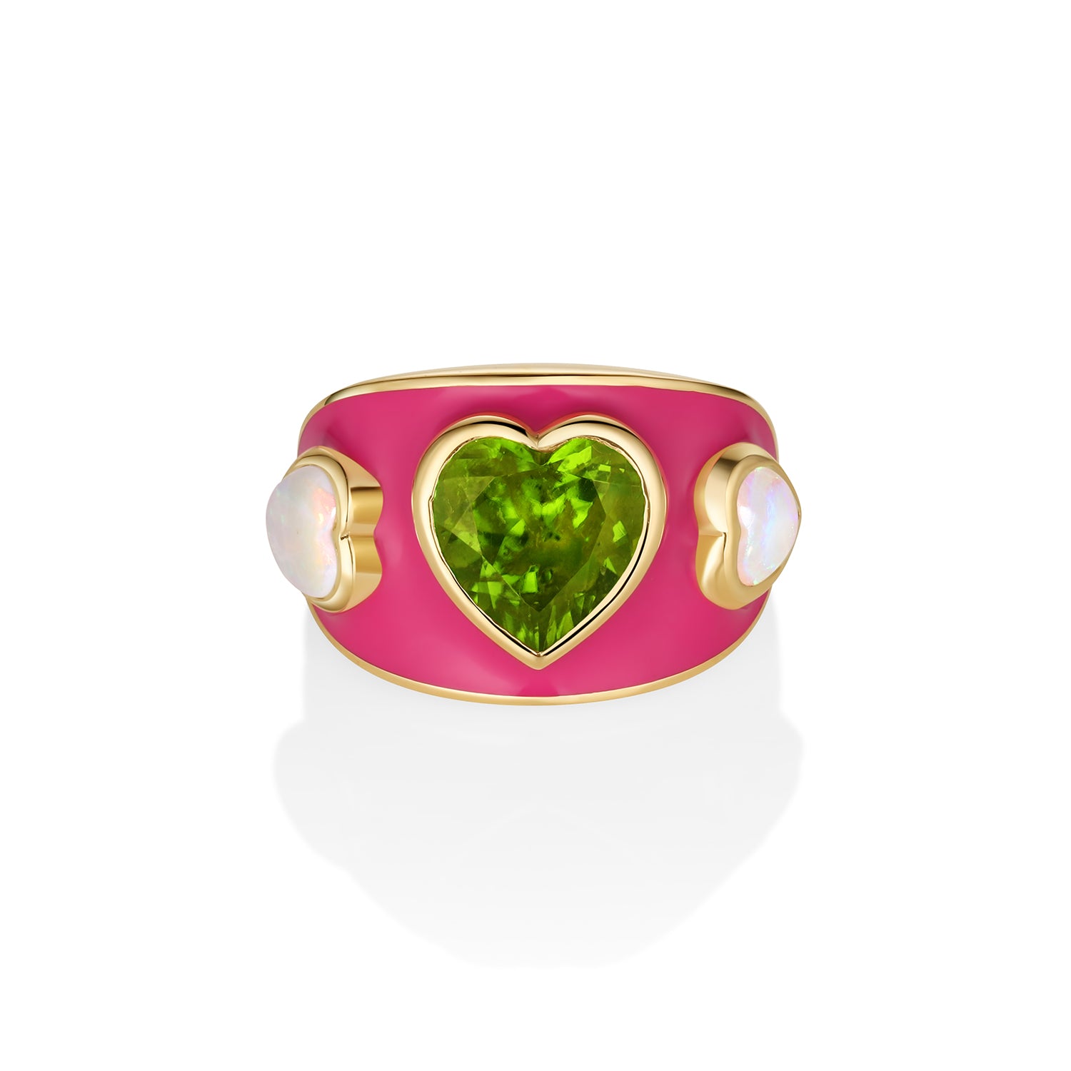 3.81ct Peridot Heart and 0.91tcw Opal Heart Ring: a green peridot heart between two opal hearts on a domed hot pink enamel band in 14k yellow gold