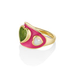 Side view of the 3.81ct Peridot Heart and 0.91tcw Opal Heart Ring, showing the domed hot pink enamel band in 14k yellow gold