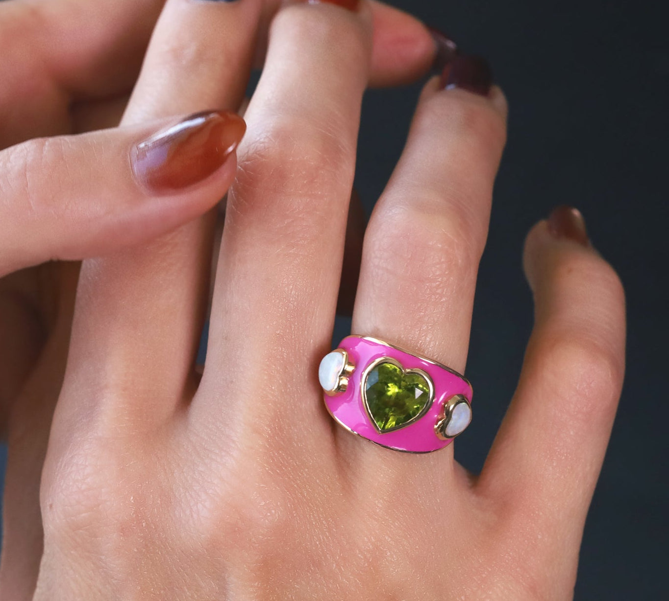 Peridot heart and opal heart ring with hot pink enamel, one-of-a-kind in 14k yellow gold