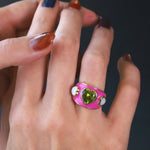 Peridot heart and opal heart ring with hot pink enamel, one-of-a-kind in 14k yellow gold