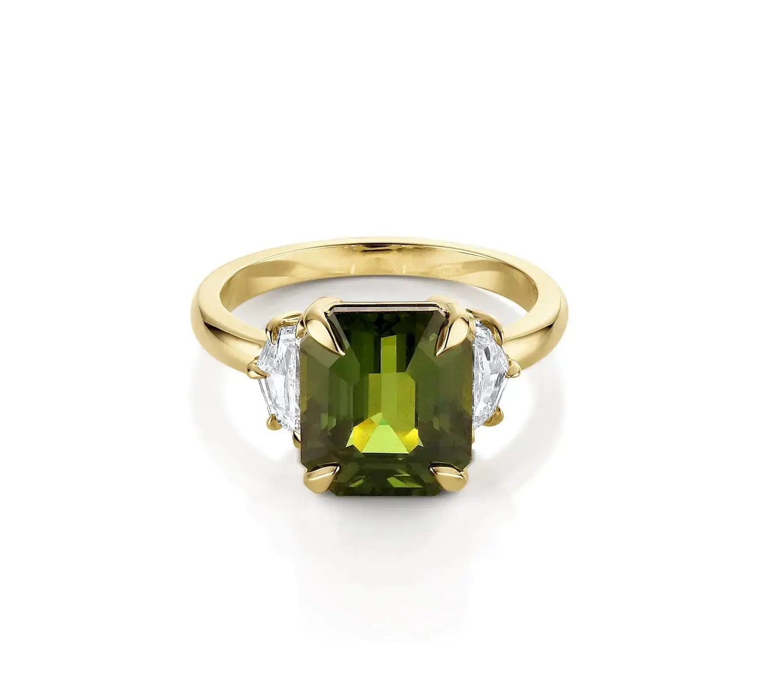 6.12ct Green Sapphire and 0.66tcw Cadillac Diamond 3 stone ring [Yellow Gold]