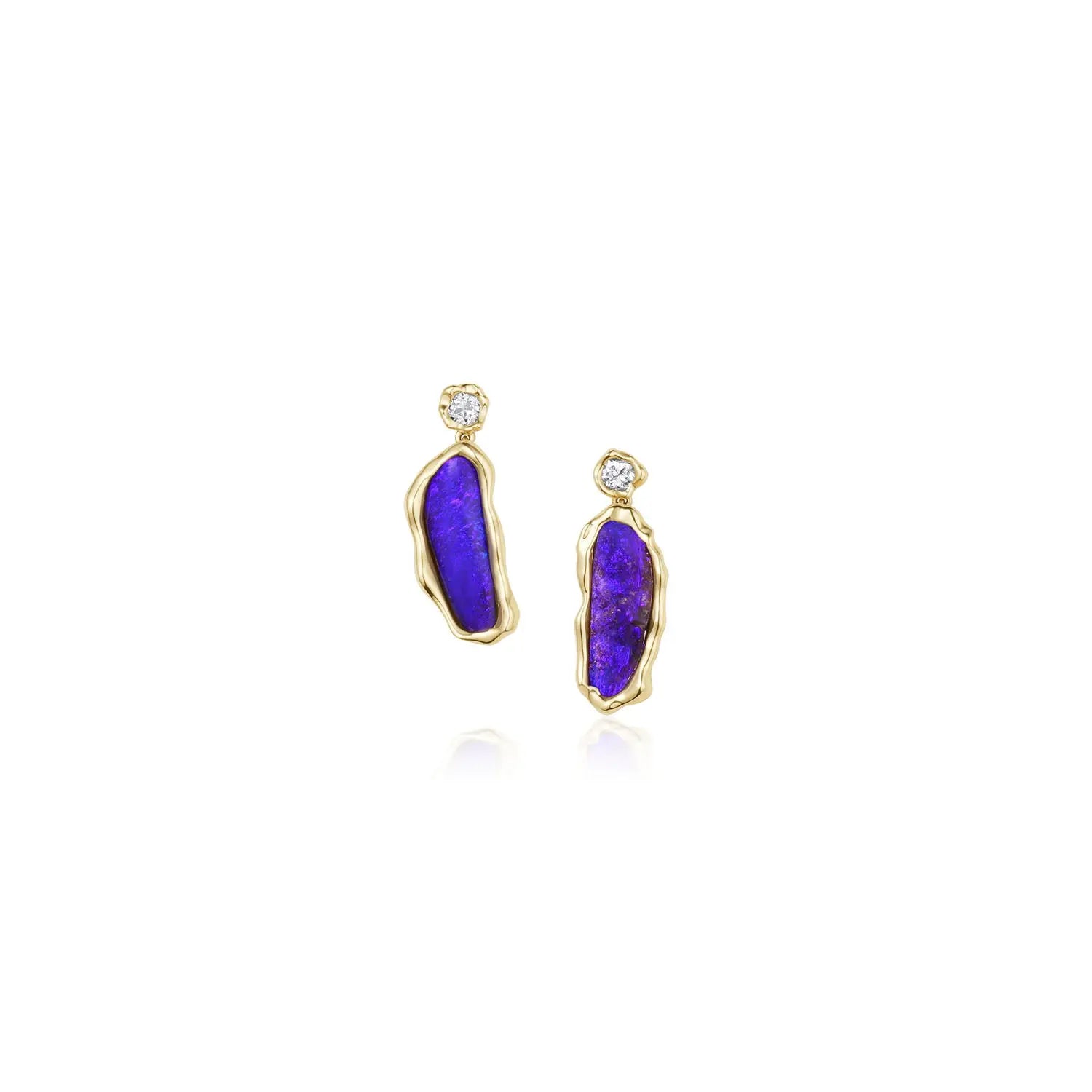 6.22tcw Boulder Opal and 0.22tcw Diamond Earrings – diamond studs with boulder opal drops in 14k yellow gold, by Marrow Fine