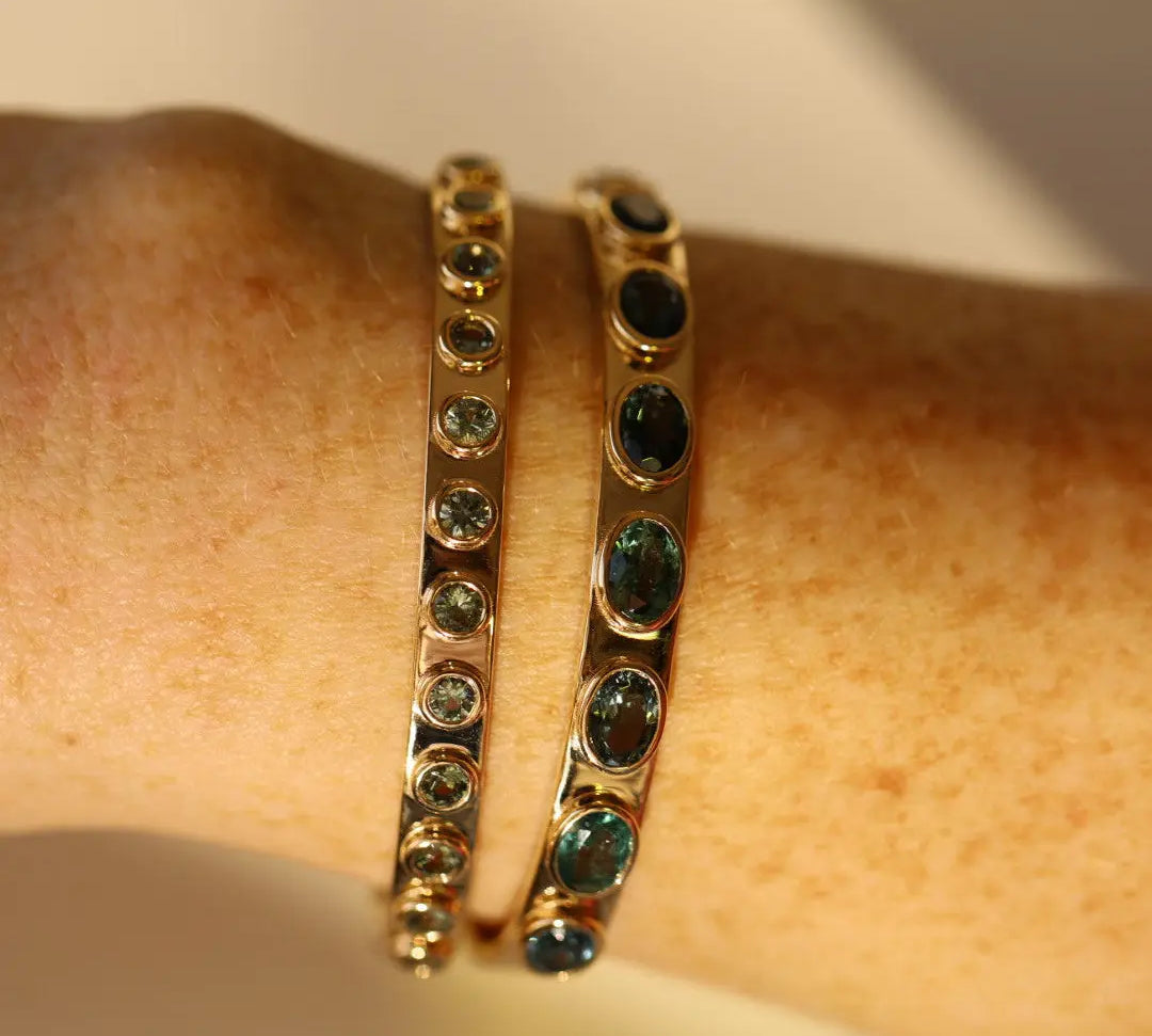 Close up of 2.24tcw Green Sapphire Everyday Cuff on wrist