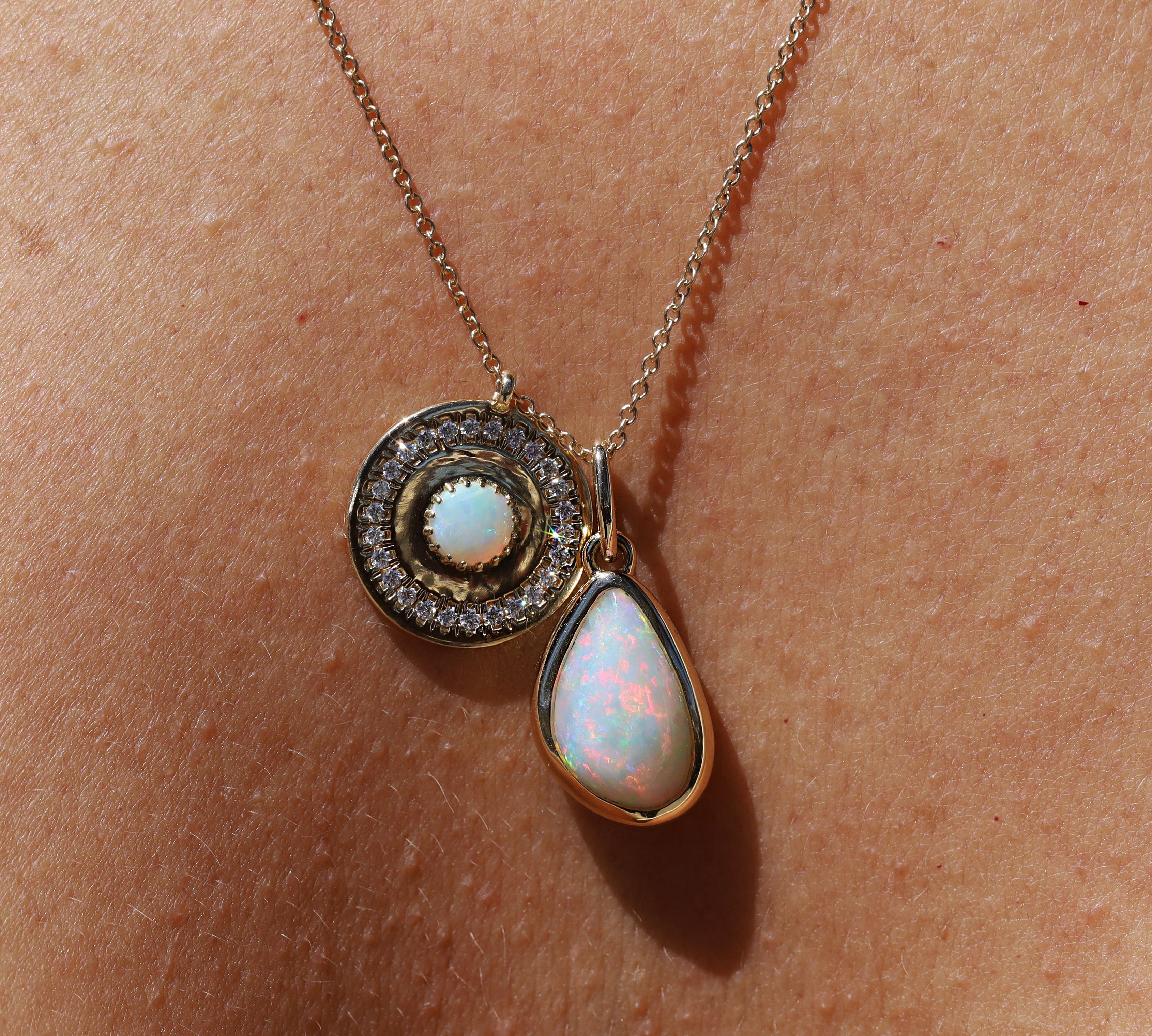 Opal pendant necklace on a skin background