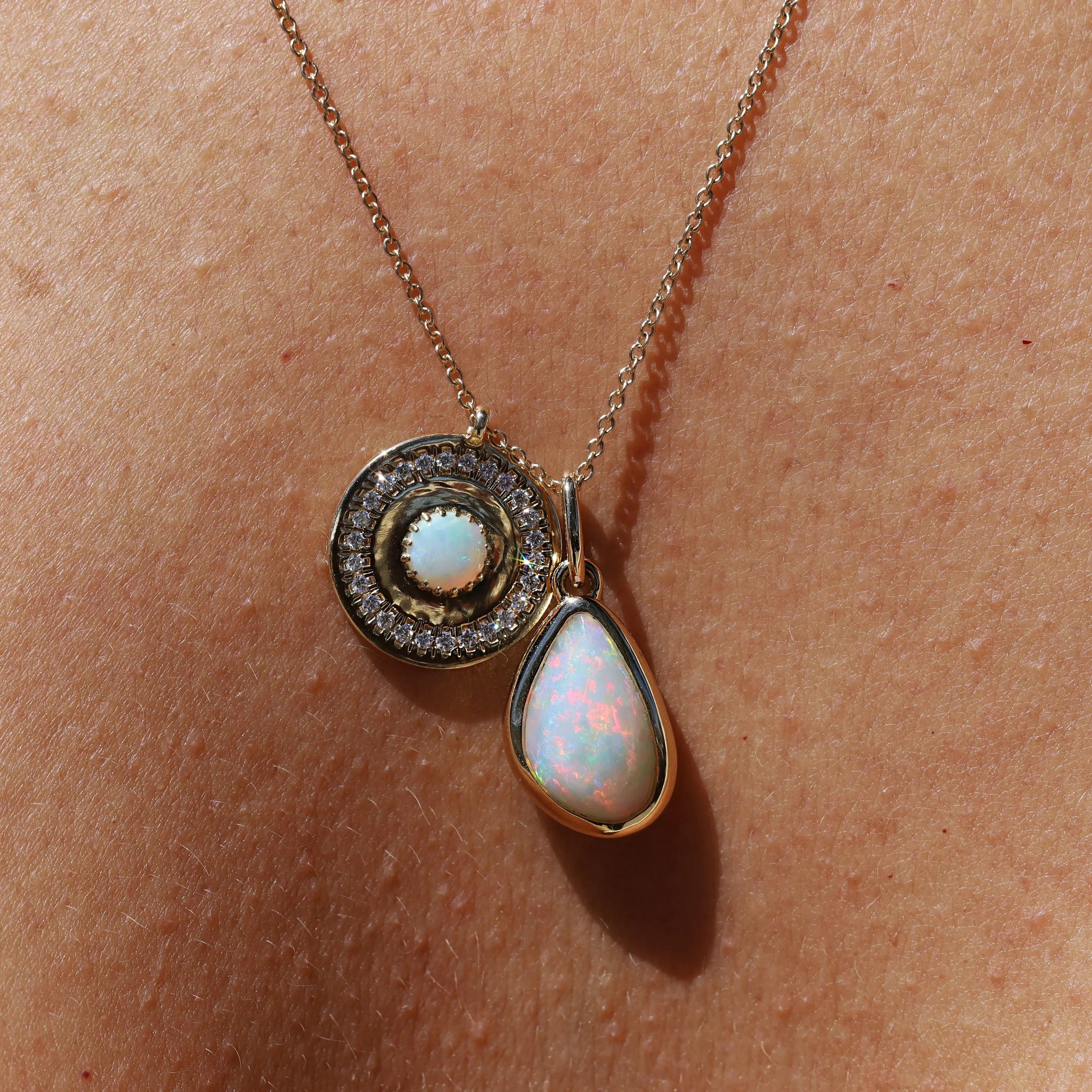 Opal pendant necklace on a skin background