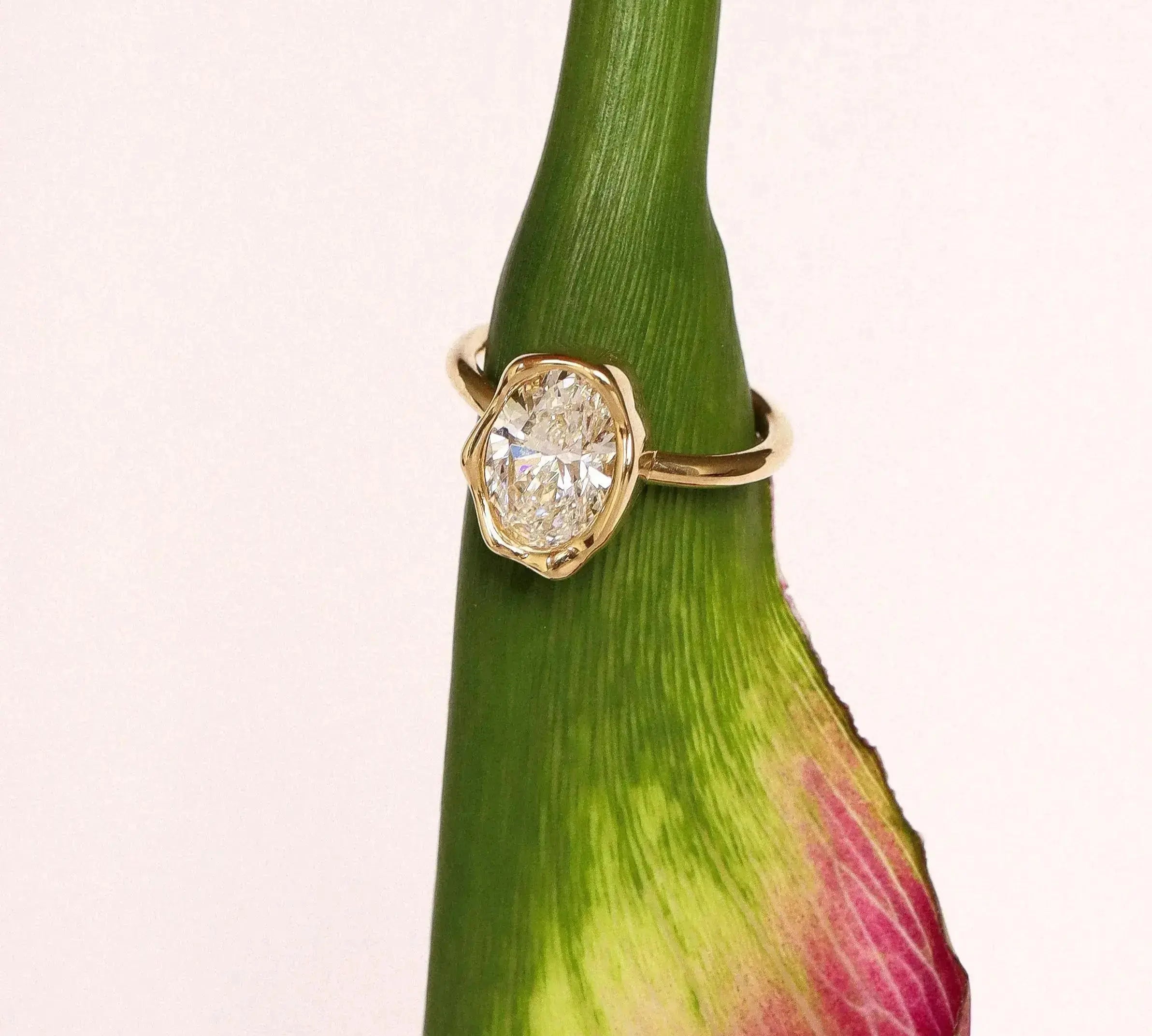 Abstract Bezel Diamond Ring on plant