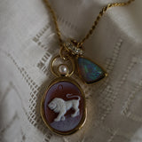 Leo Zodiac orange agate carving pendant layered with a Birthstone Rondelle and an opal charm on gold chains