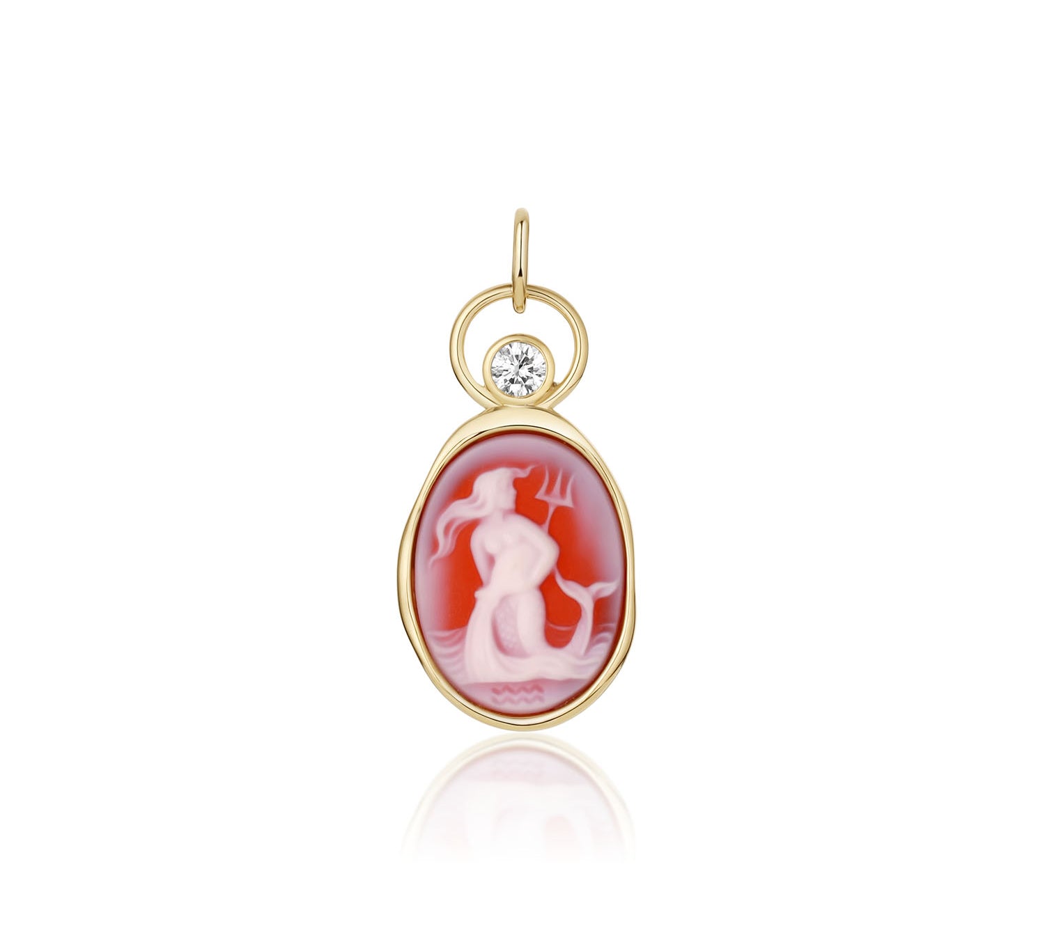 Aquarius Zodiac Orange Agate Carving with Diamond – Aquarius figure carved in white on orange agate, set in 14k yellow gold with a round diamond in an open gold ring, by Marrow Fine