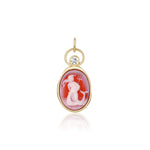 Aquarius Zodiac Orange Agate Carving with Diamond – Aquarius figure carved in white on orange agate, set in 14k yellow gold with a round diamond in an open gold ring, by Marrow Fine