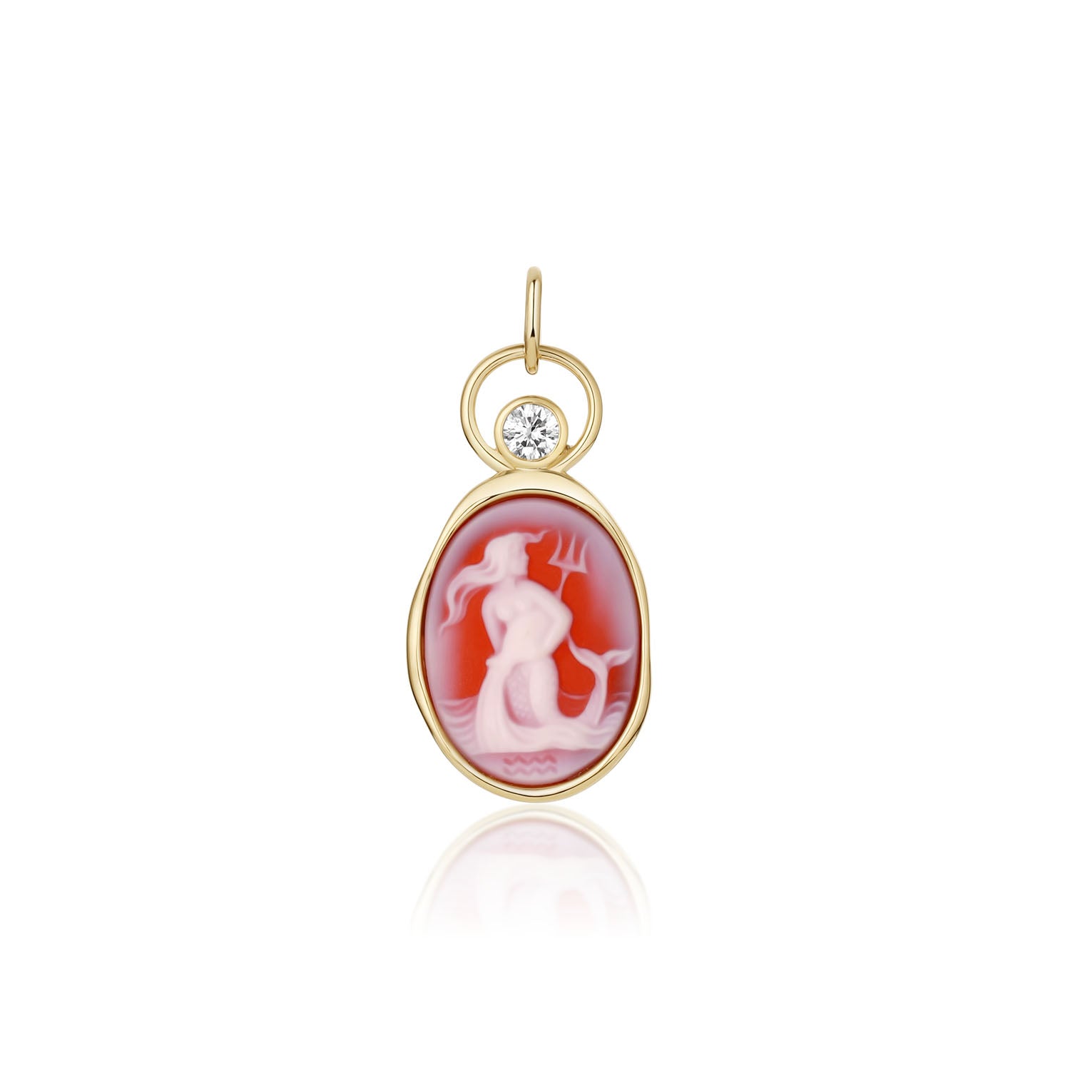Aquarius Zodiac Orange Agate Carving with Diamond – Aquarius figure carved in white on orange agate, set in 14k yellow gold with a round diamond in an open gold ring, by Marrow Fine
