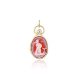 Aquarius Zodiac Orange Agate Carving with Diamond – Aquarius figure carved in white on orange agate, set in 14k yellow gold with a round diamond in an open gold ring, by Marrow Fine