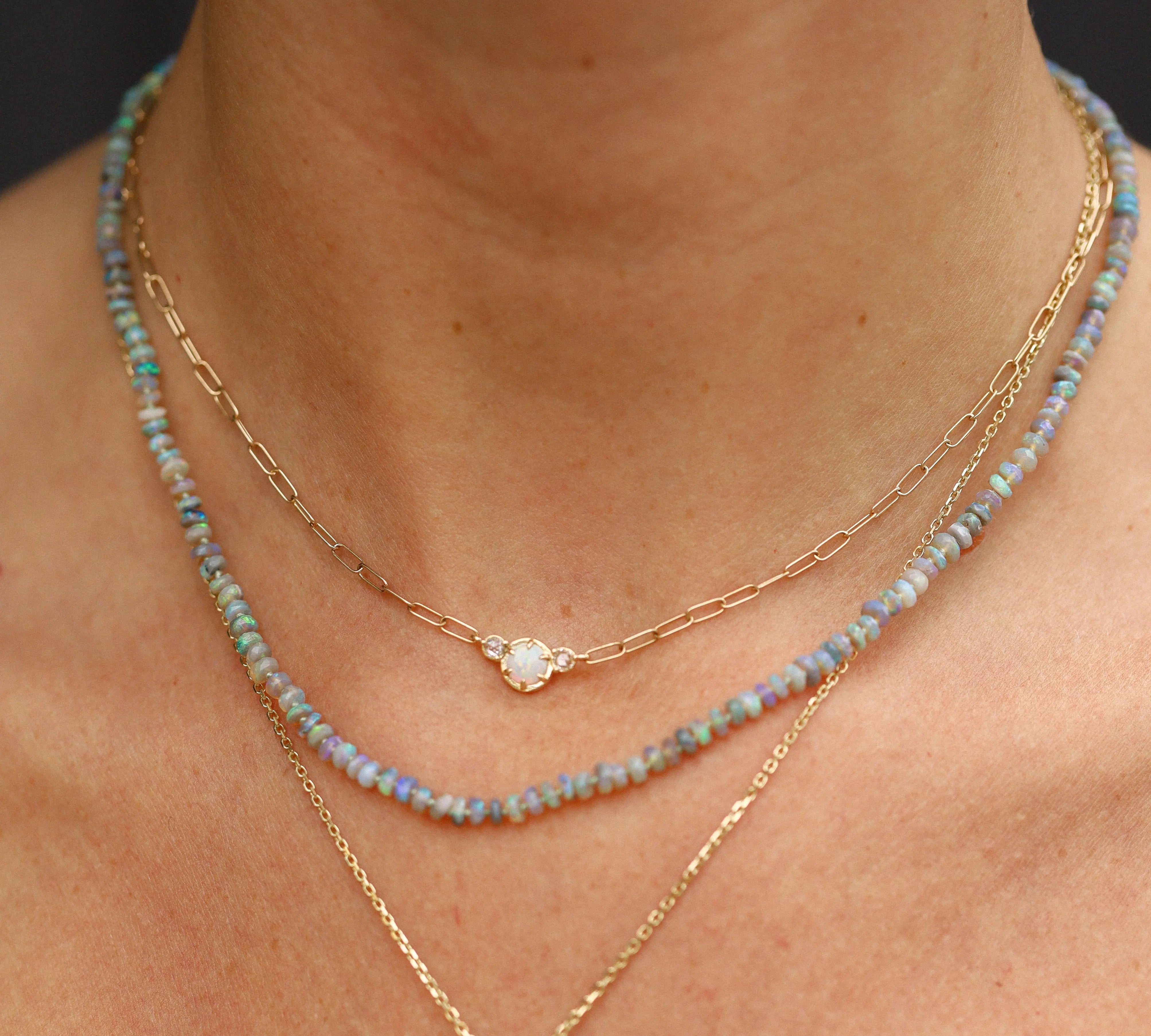 Close up of Australian Opal Faceted Beaded Necklace on neckline