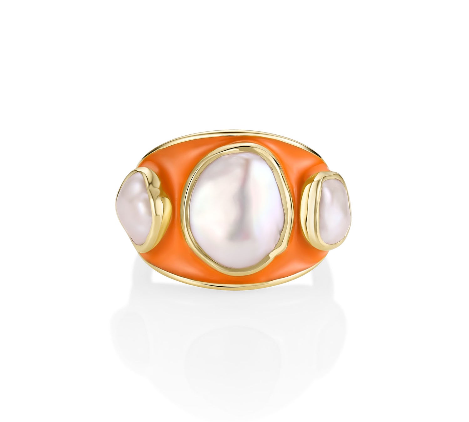Baroque Keshi Pearl and Burnt Orange Enamel Ring: a baroque keshi pearl between two smaller keshi pearls on a domed burnt orange enamel band in 14k yellow gold