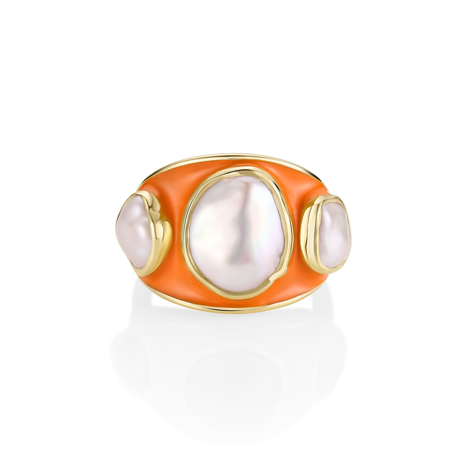Baroque Keshi Pearl and Burnt Orange Enamel Ring: a baroque keshi pearl between two smaller keshi pearls on a domed burnt orange enamel band in 14k yellow gold