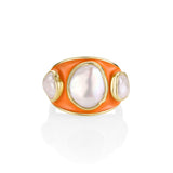 Baroque Keshi Pearl and Burnt Orange Enamel Ring: a baroque keshi pearl between two smaller keshi pearls on a domed burnt orange enamel band in 14k yellow gold