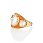 Side view of the Baroque Keshi Pearl and Burnt Orange Enamel Ring, showing the domed burnt orange enamel band in 14k yellow gold
