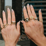Two hands wearing multiple gold rings with a cityscape background