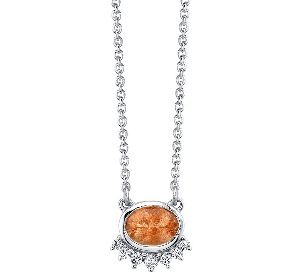 Marrow Fine Jewelry Bezel Set Oregon Sunstone And White Diamond Spray Solid Gold Choker Necklace [White Gold]