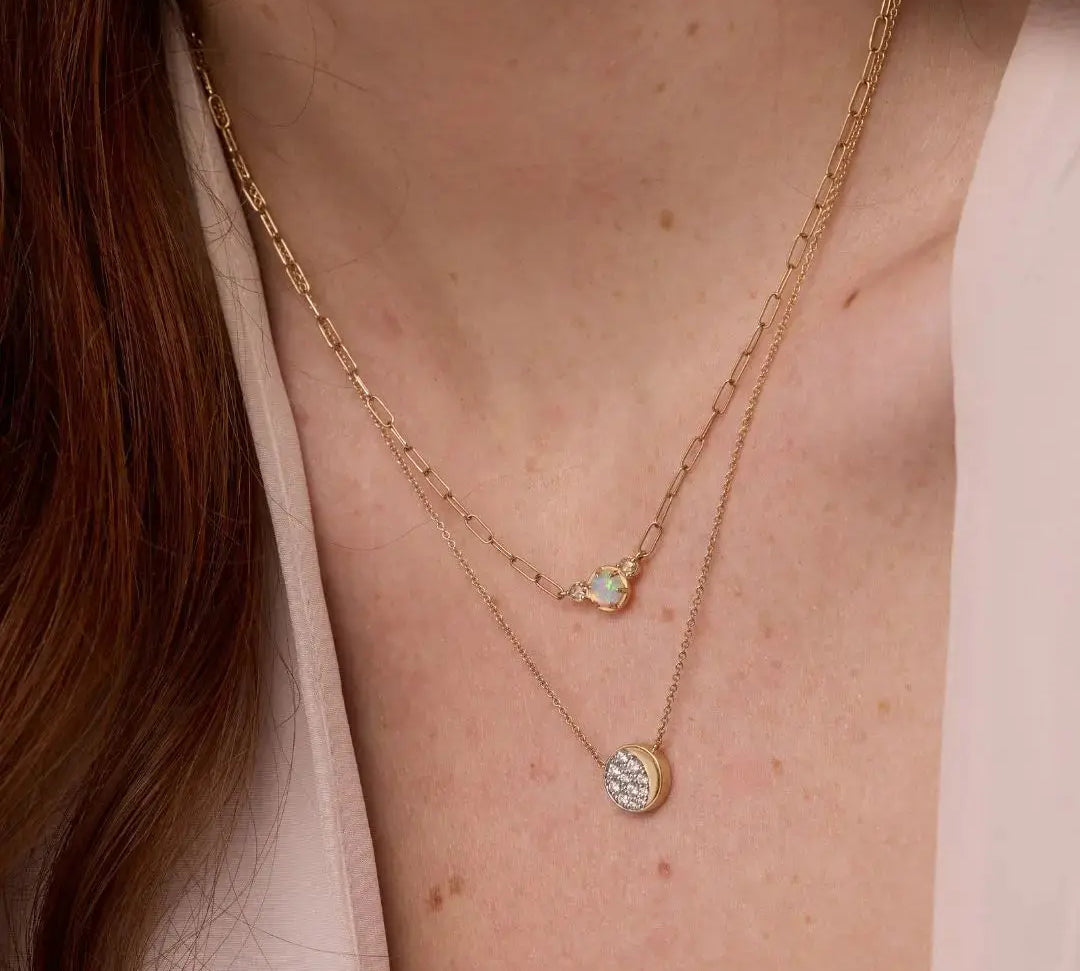 Close up of Juliette Opal Necklace on woman's neckline