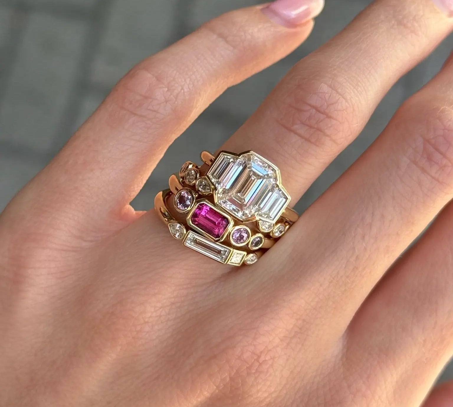 0.56ct Hot Pink Sapphire Linear Band on hand