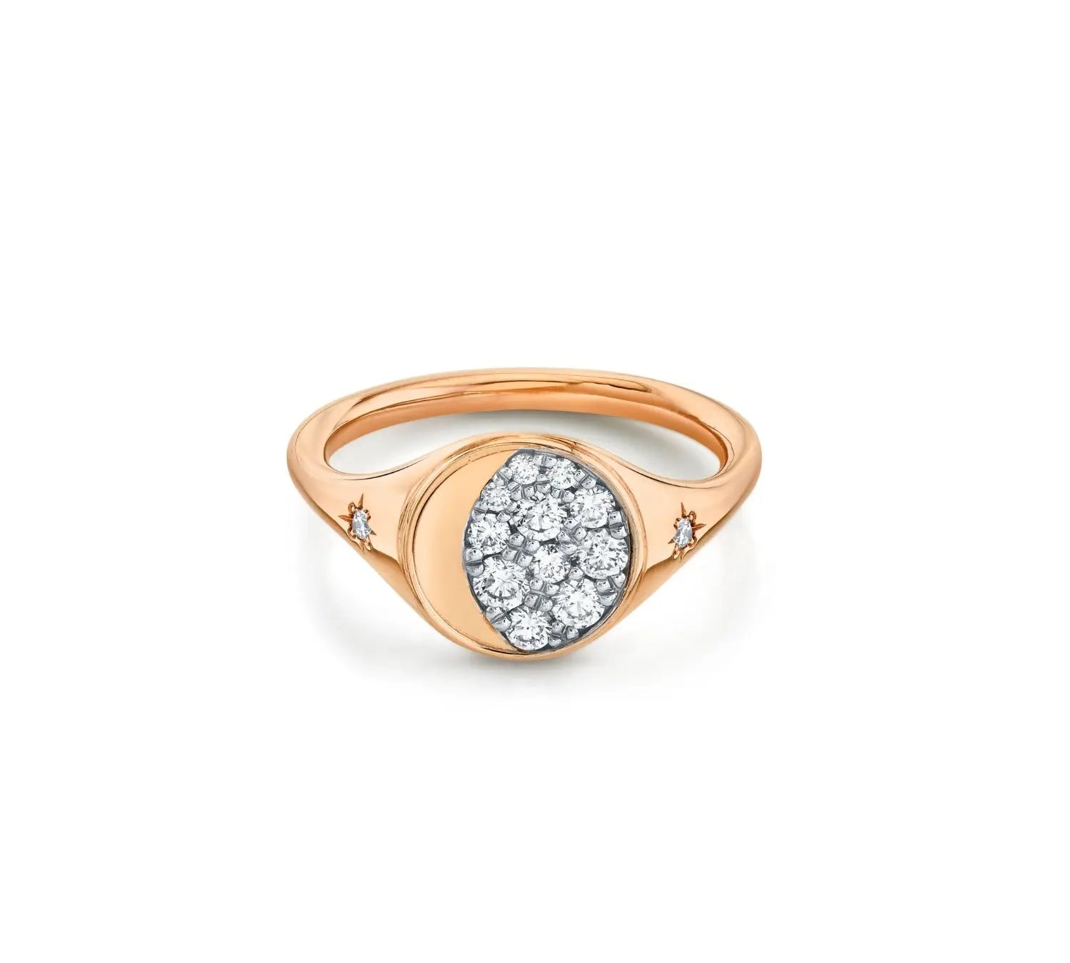 Marrow Fine Jewelry White Diamond Gibbous Moon Phase Signet Ring With Stars [Rose Gold]