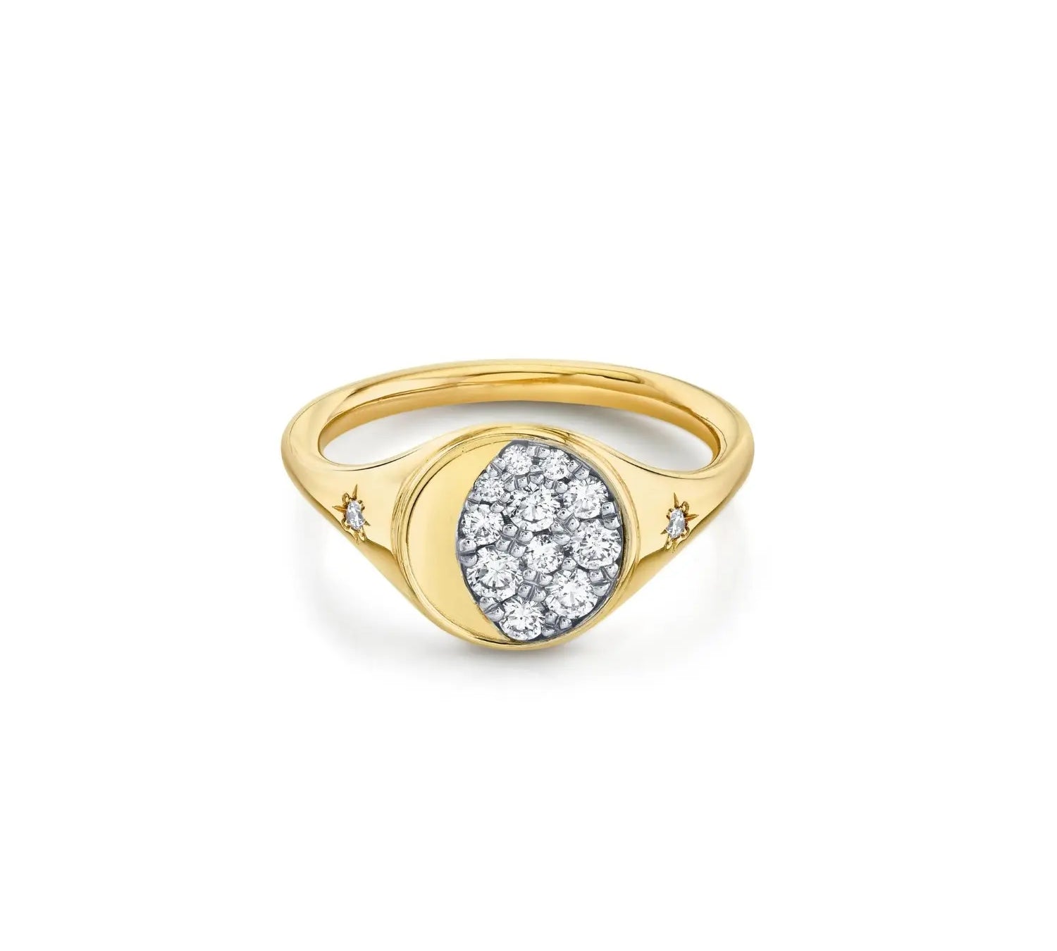 Marrow Fine Jewelry White Diamond Gibbous Moon Phase Signet Ring With Stars [Yellow Gold]