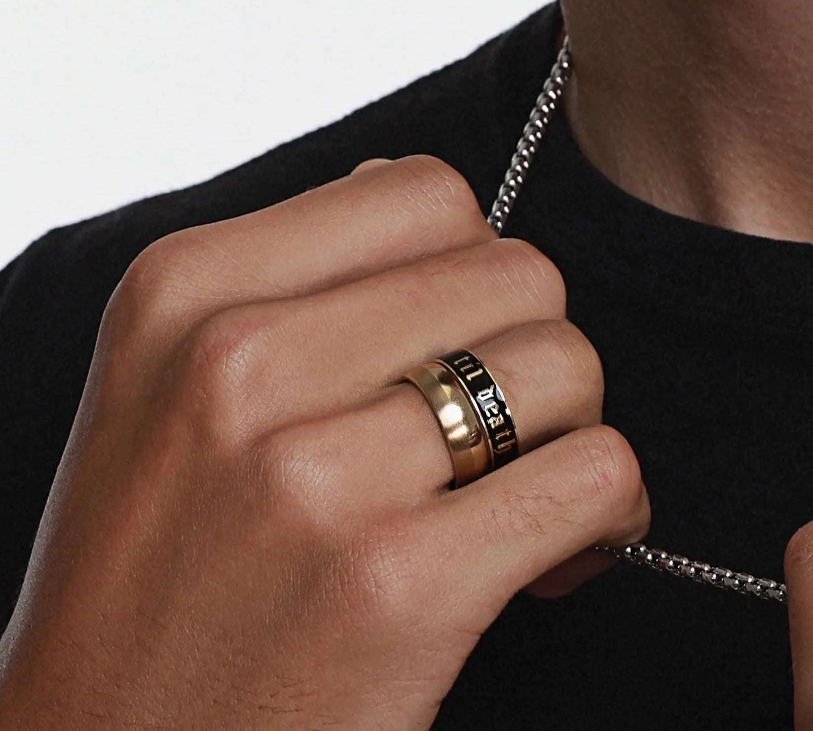 Close up of man's hand wearing the Half & Half Men's Band