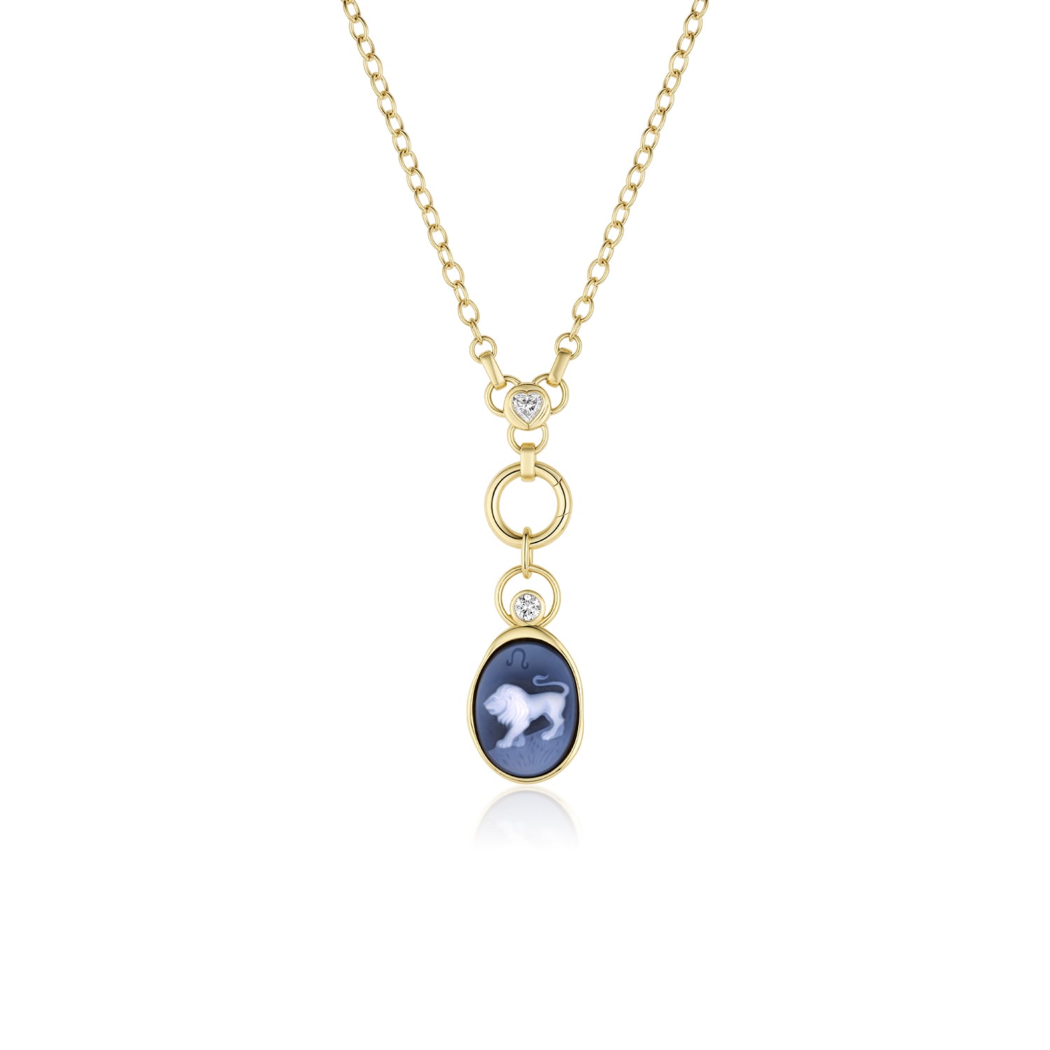 Heart Diamond Necklace with Hidden Clasp with a Leo Cameo Zodiac Pendant hanging from it against a white background