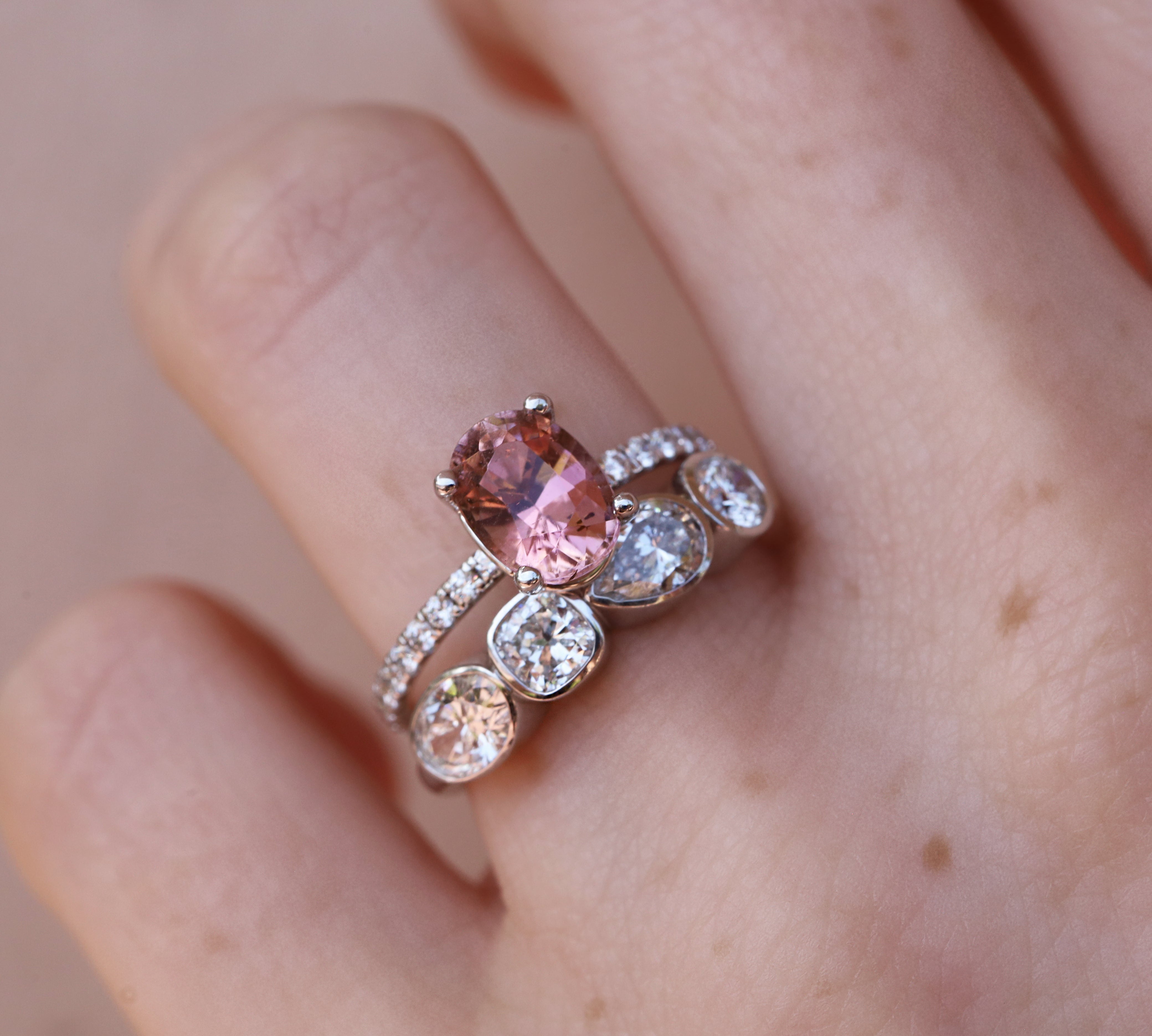 1.60ct Pink Tourmaline Frankie Ring [White Gold] stacked with mixed shape bezel band