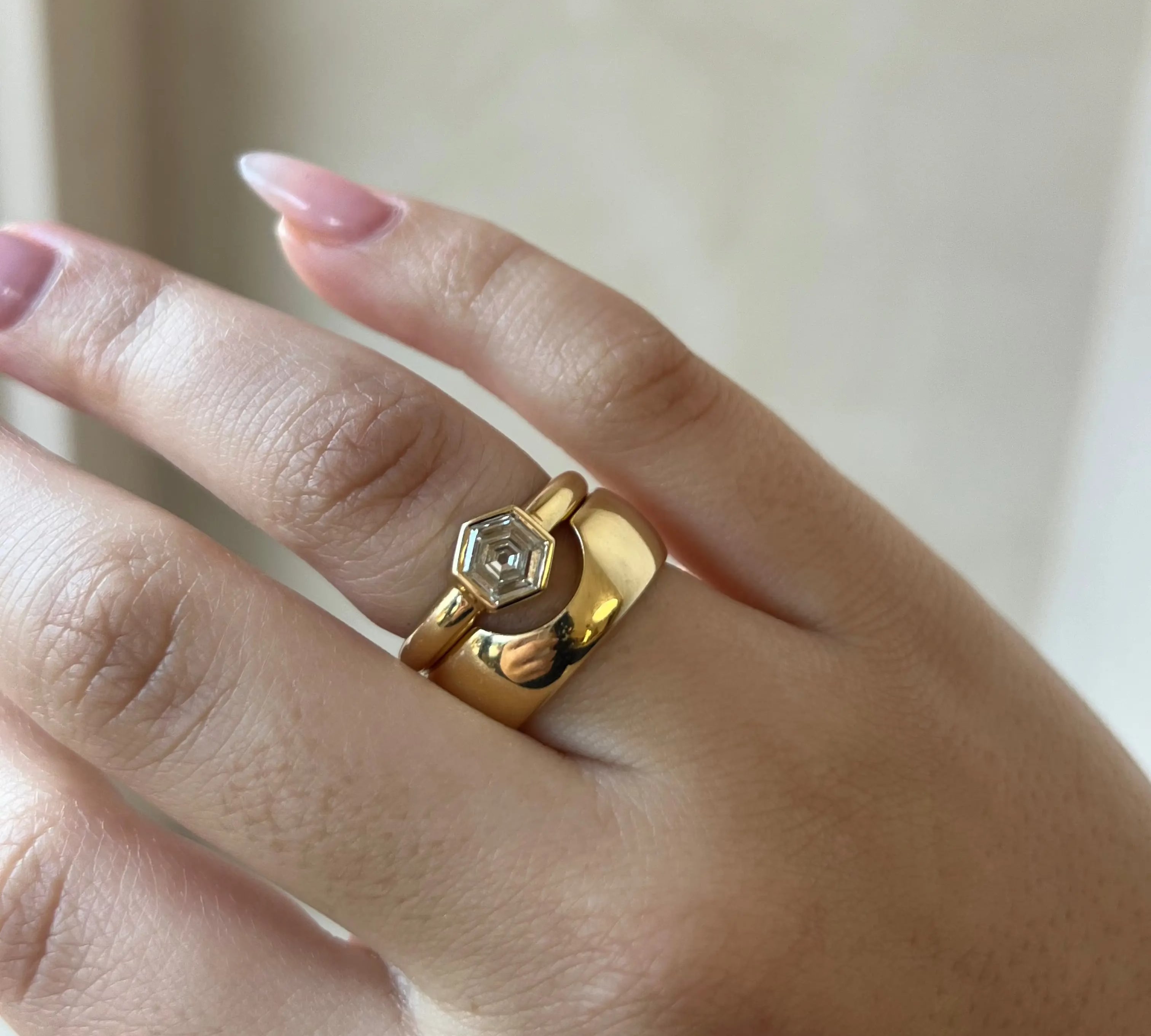 Marrow Fine Jewelry Bezel Set White Diamond Hex Ring [on hand]