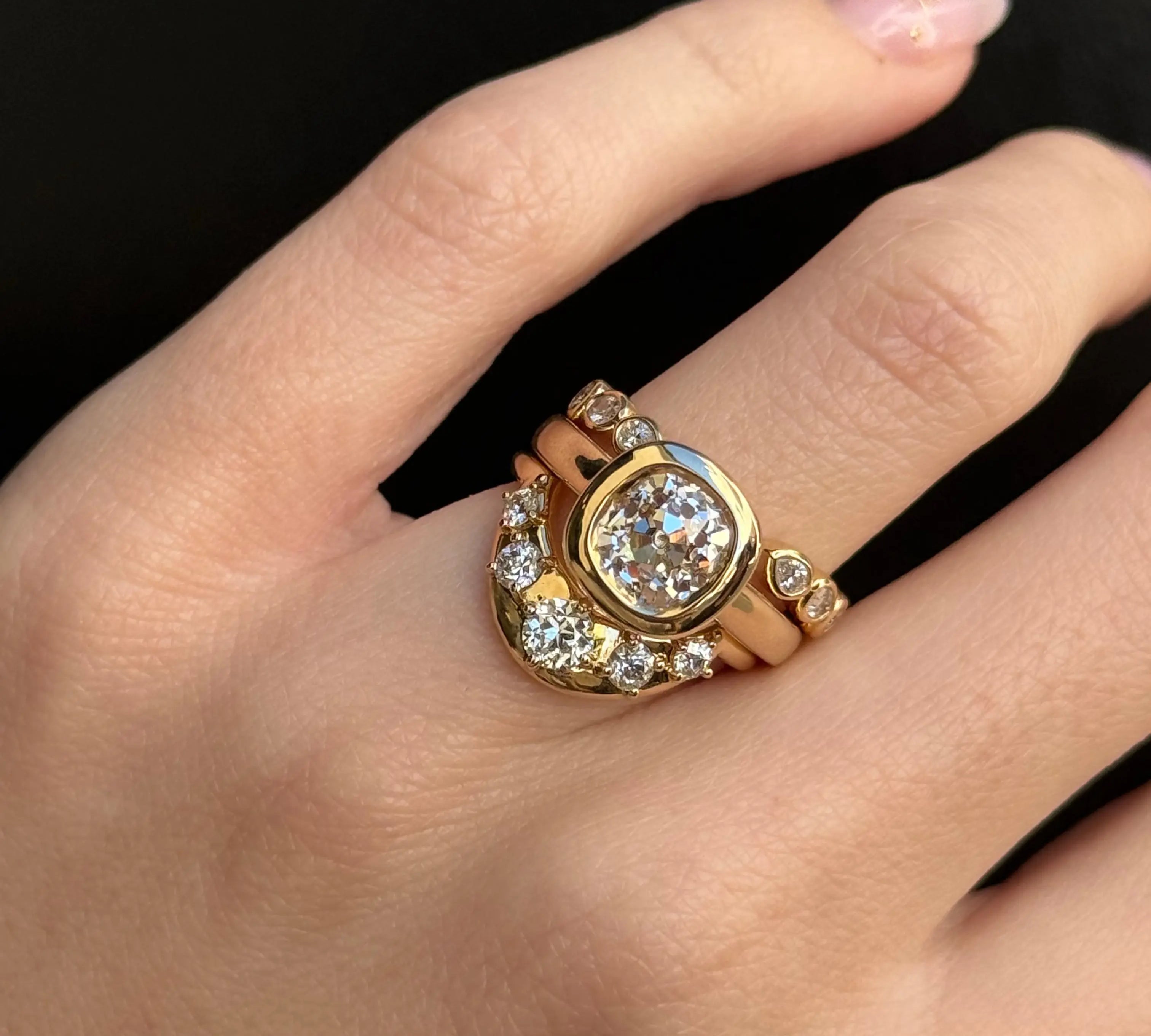 Gold Old Mine Diamond engagement ring with two diamond stacking bands