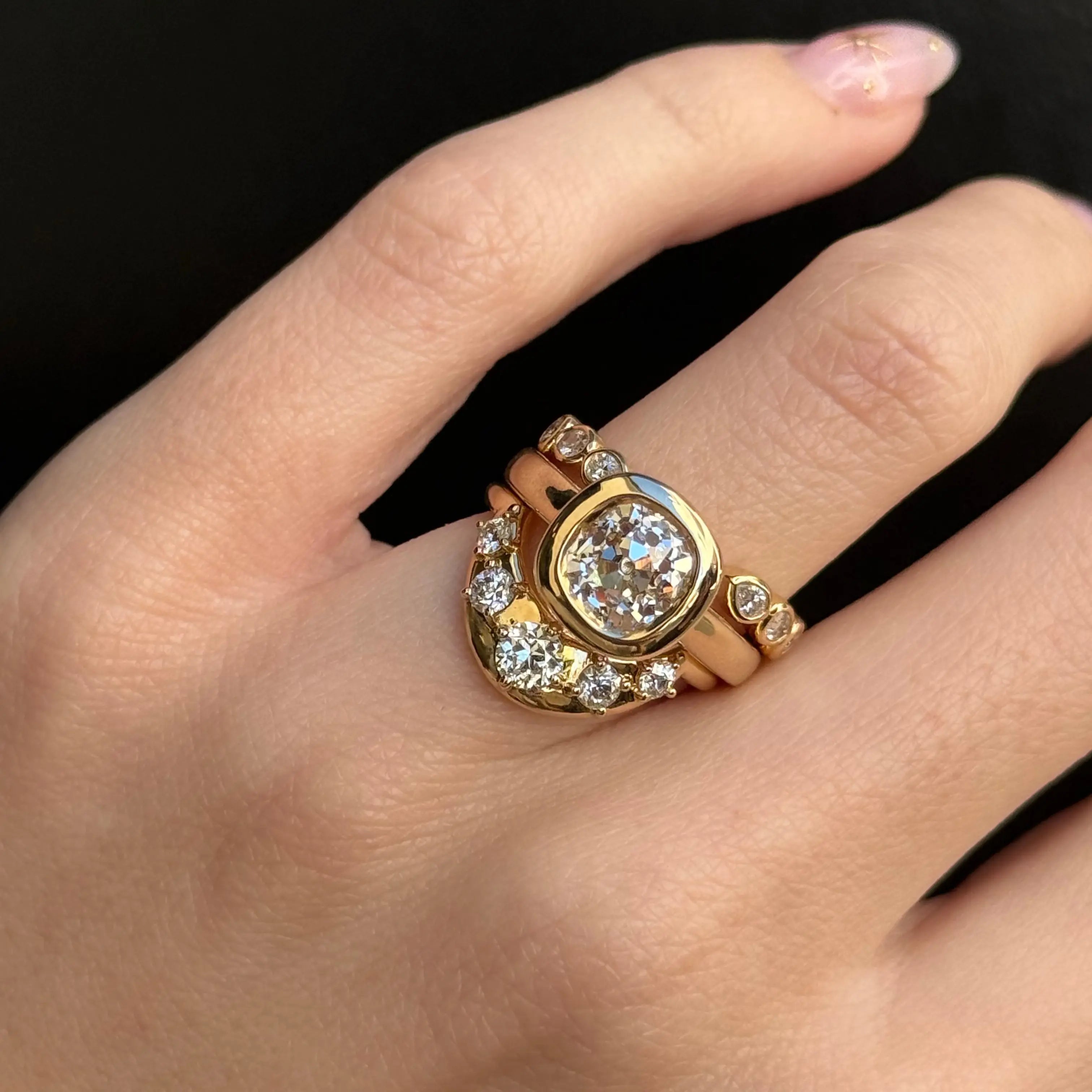 Gold Old Mine Diamond engagement ring with two diamond stacking bands