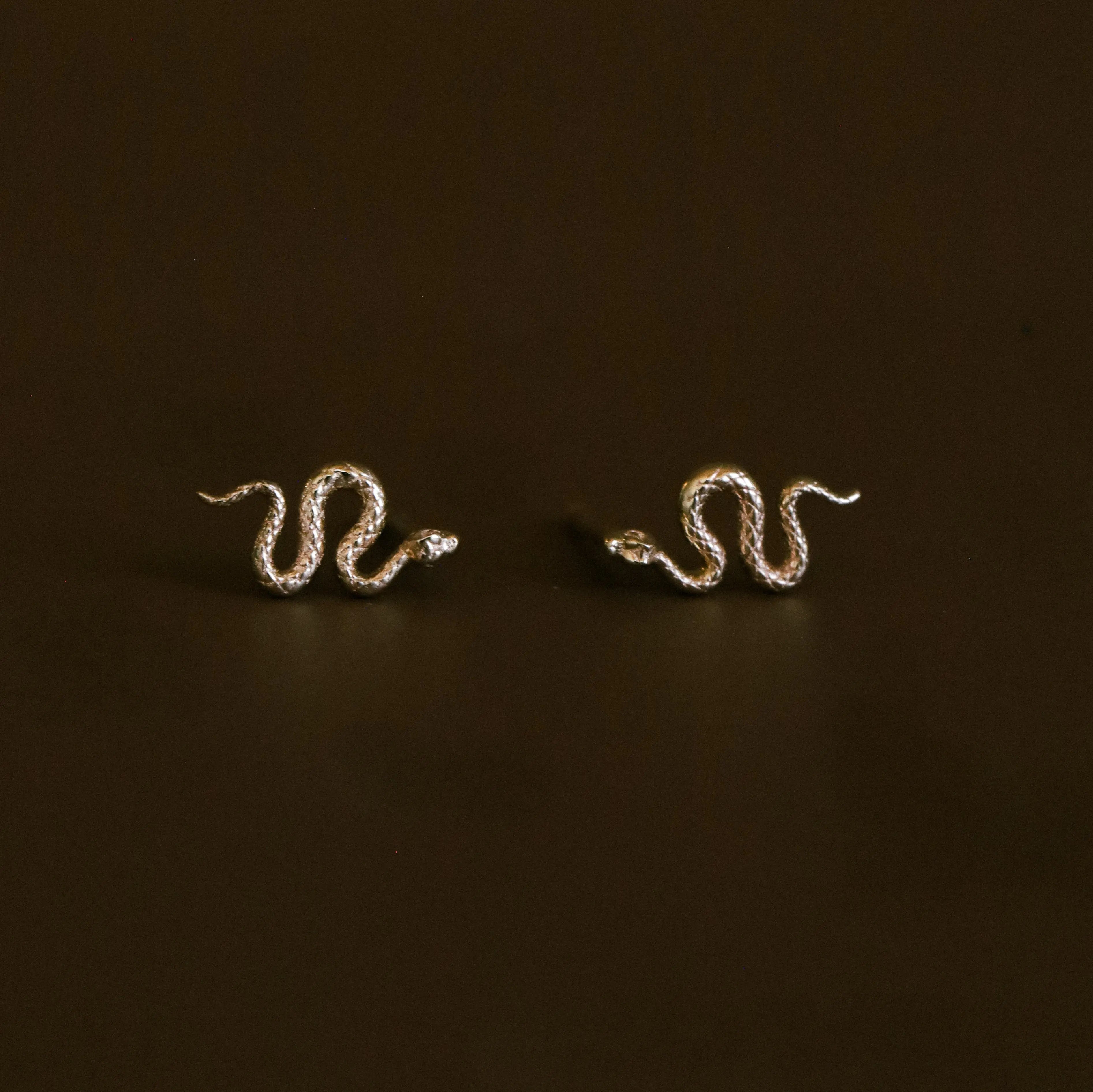 pair of gold snake earrings on a brownish green background