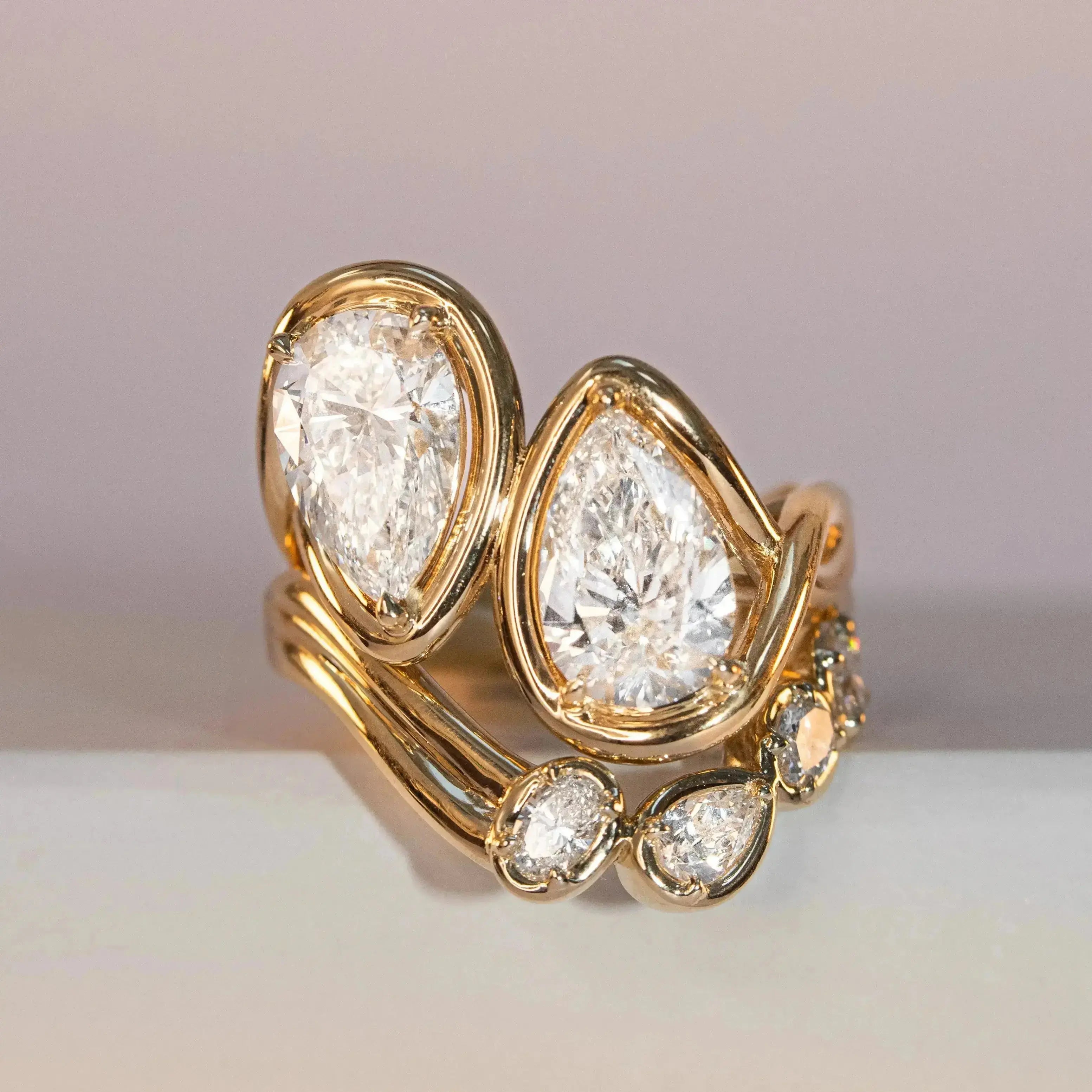 4.17tcw Lab Diamond Joanie Bypass Ring stacked with diamond bands