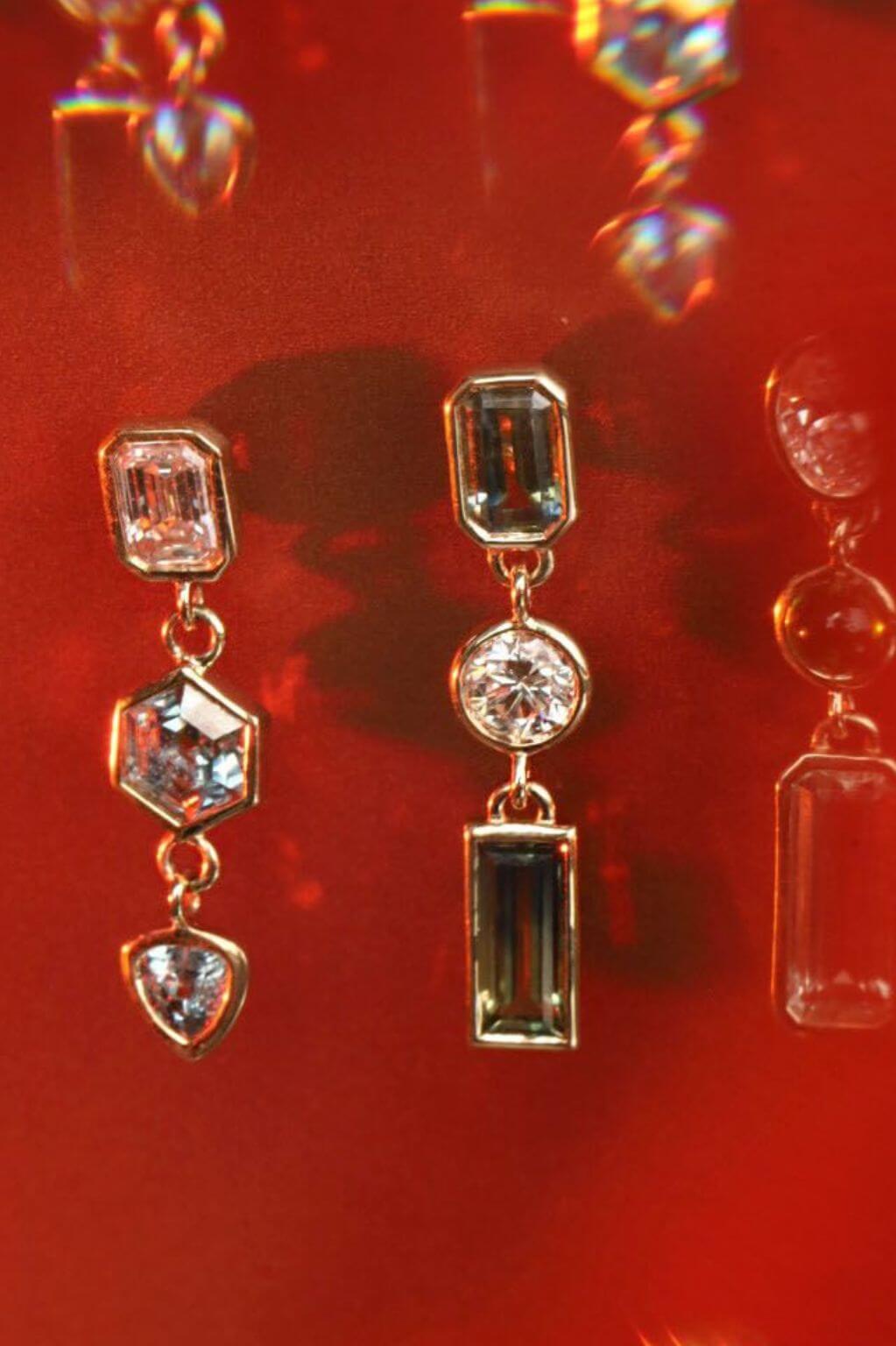 close up of earring set with a kaleidoscope effect