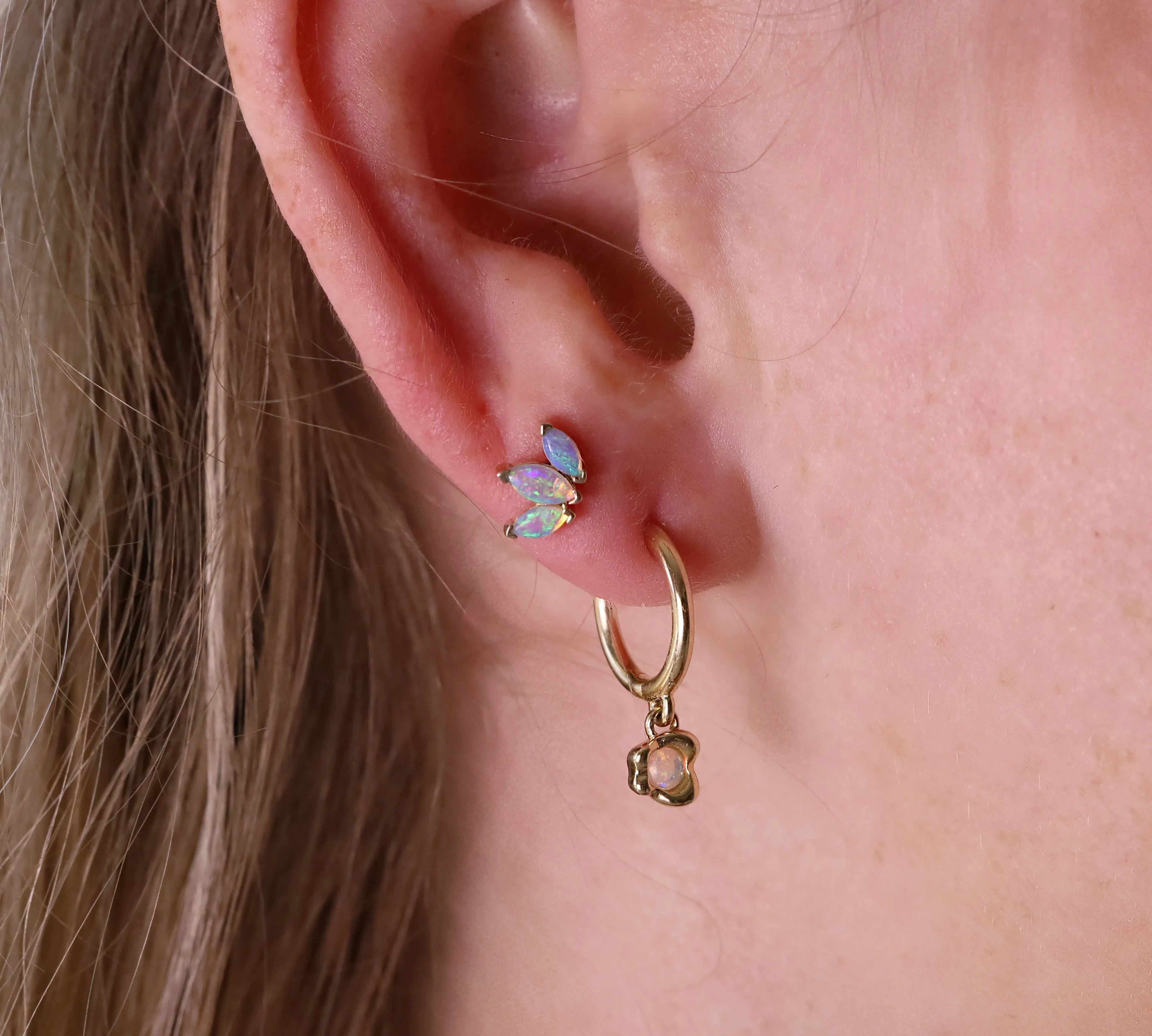opal lotus studs and opal hoop earrings