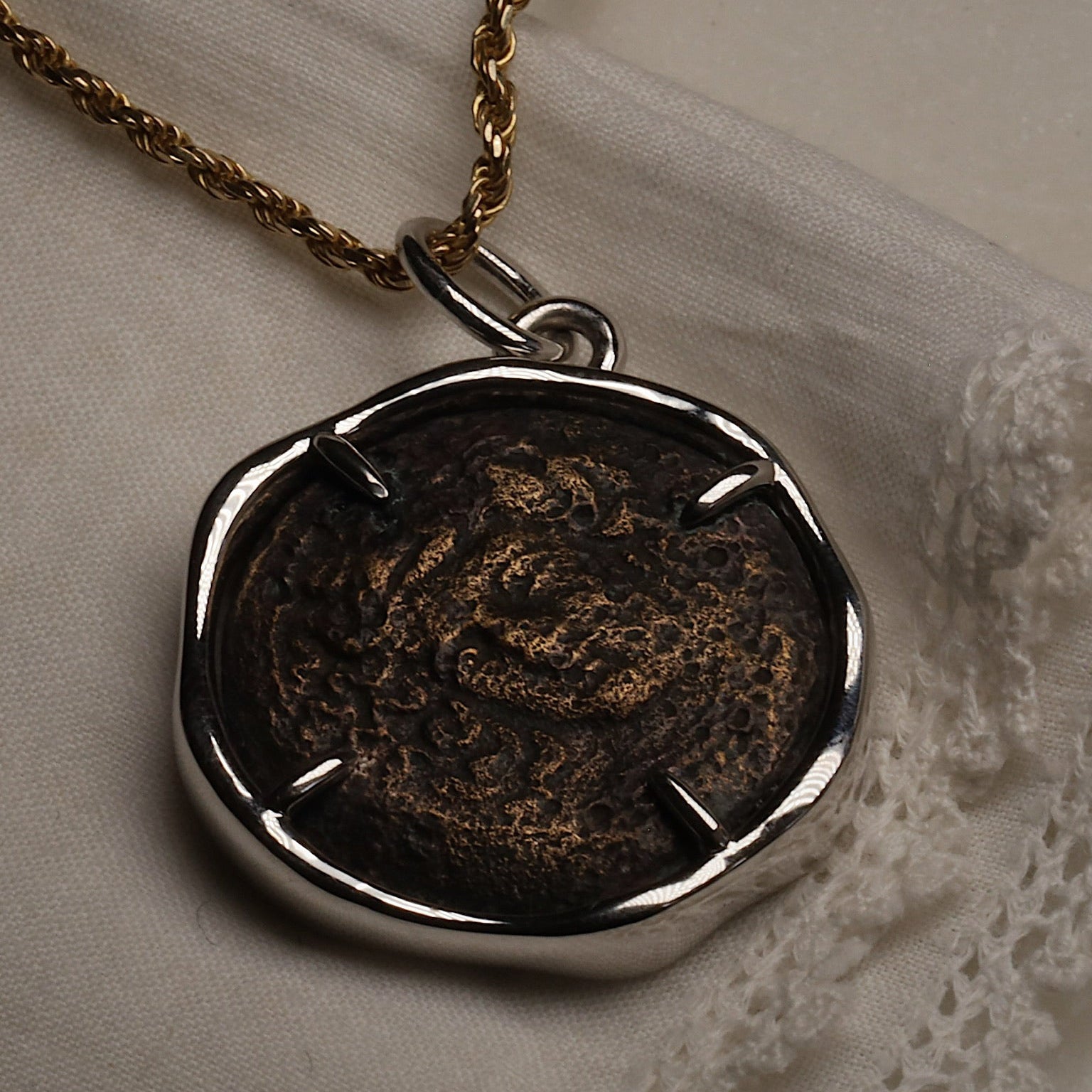 Larissa and Horse Bronze Coin Pendant worn on a chain, showing the nymph Larissa side
