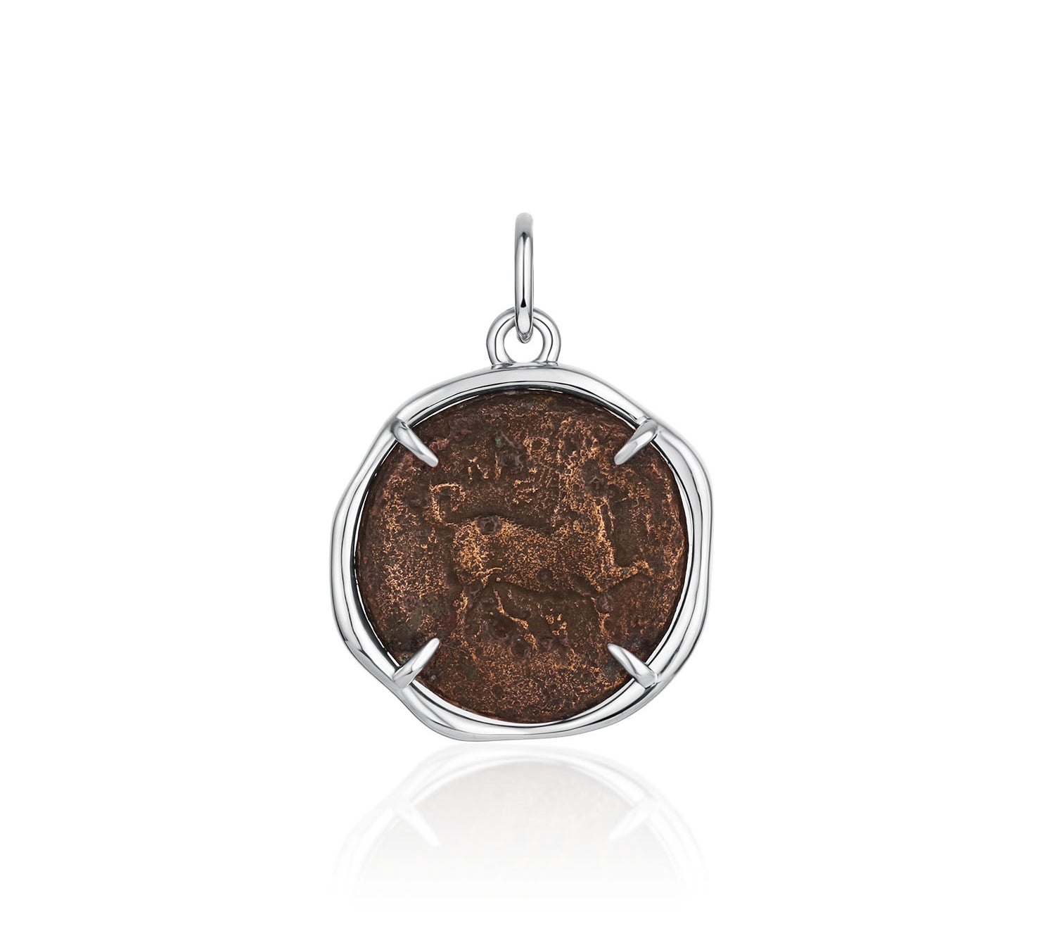 Larissa and Horse Bronze Coin Pendant – ancient Greek bronze coin with a horse mid-stride, set in a four-prong 14k white gold bezel, by Marrow Fine