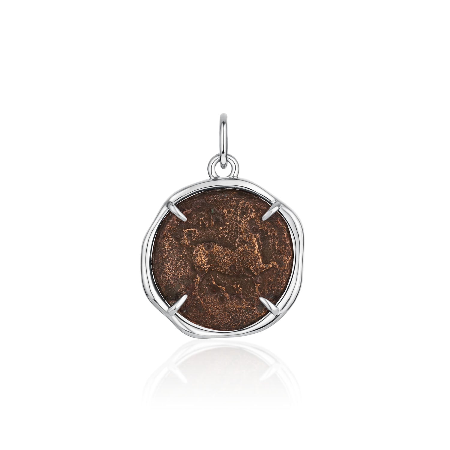 Larissa and Horse Bronze Coin Pendant – ancient Greek bronze coin with a horse mid-stride, set in a four-prong 14k white gold bezel, by Marrow Fine